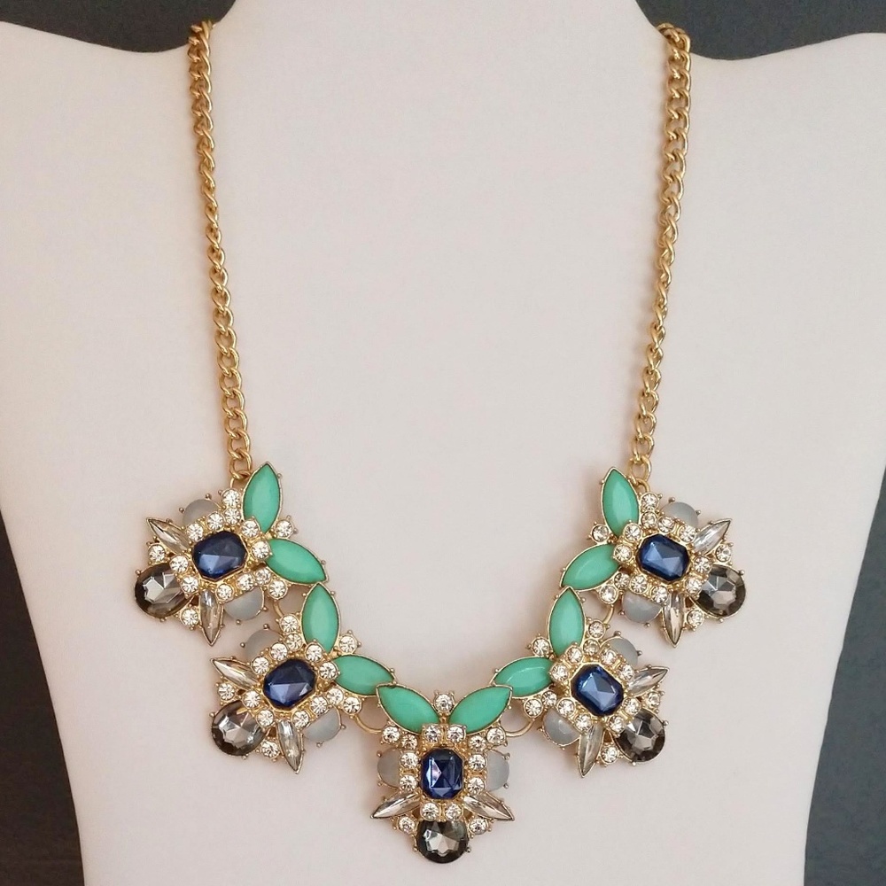 Blue, green, clear and gray beaded necklace